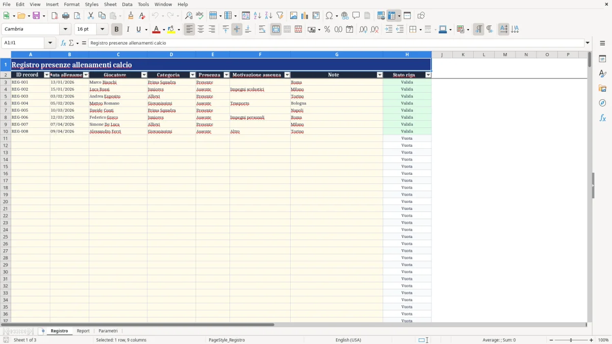 Anteprima del modello Excel presenze allenamenti calcio excel — foglio Registro (immagine 1)