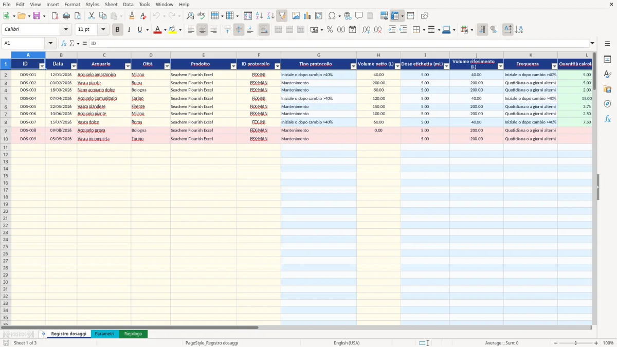 Anteprima del modello Excel protocollo seachem excel — foglio Registro dosaggi (immagine 1)