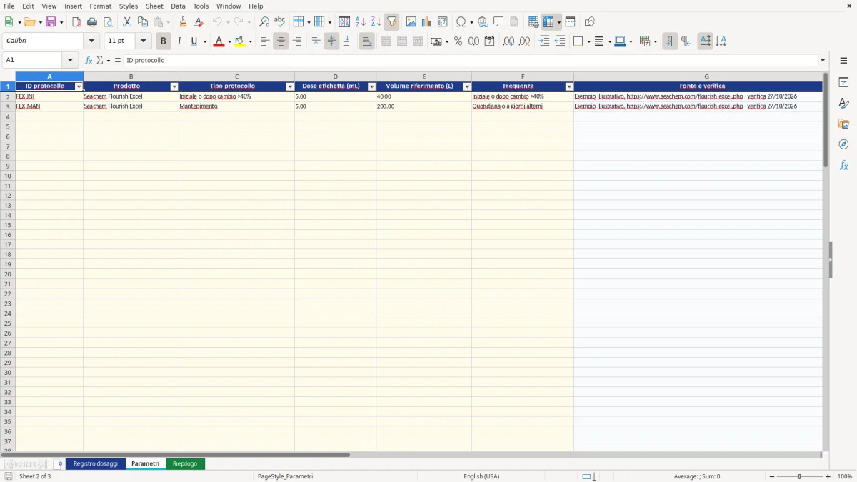 Anteprima del modello Excel protocollo seachem excel — foglio Parametri (immagine 2)