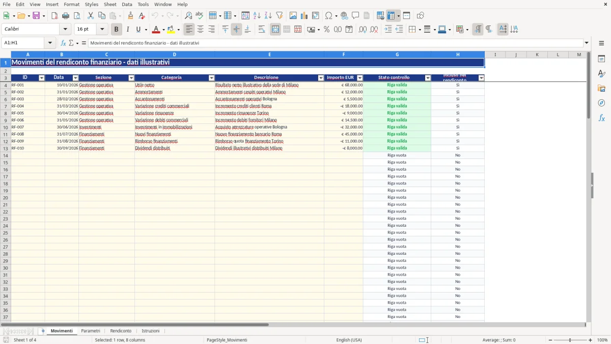 Anteprima del modello Excel rendiconto finanziario metodo indiretto excel — foglio Movimenti (immagine 1)