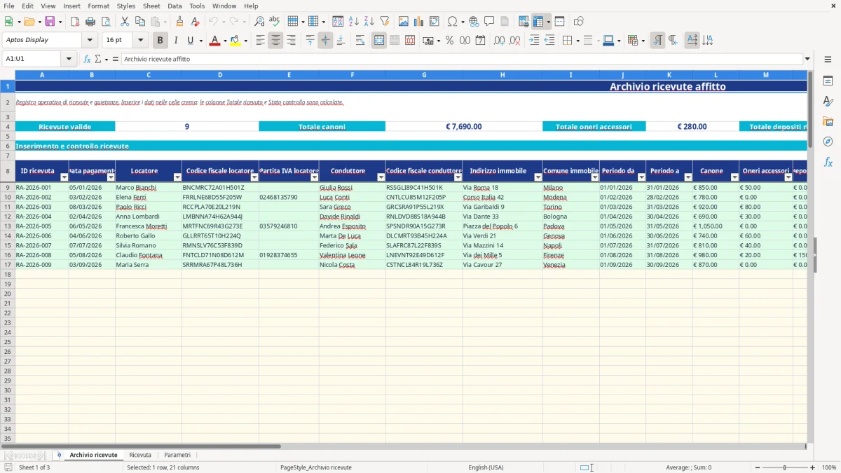 Anteprima del modello Excel ricevuta affitto excel — foglio Archivio ricevute (immagine 1)