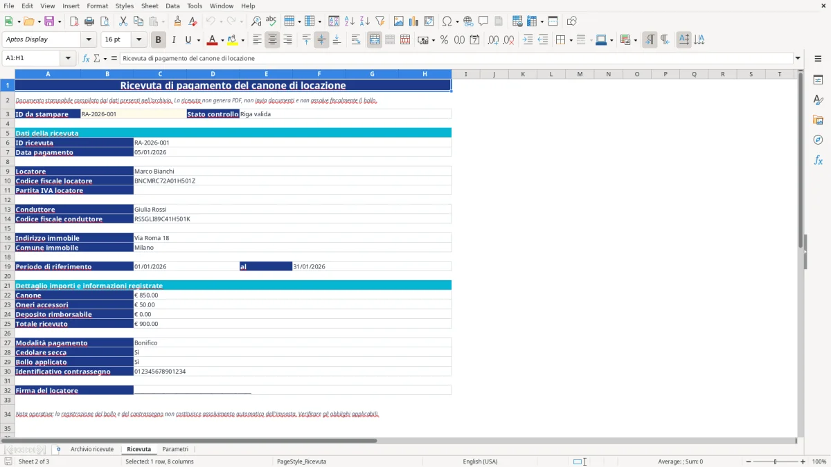 Anteprima del modello Excel ricevuta affitto excel — foglio Ricevuta (immagine 2)