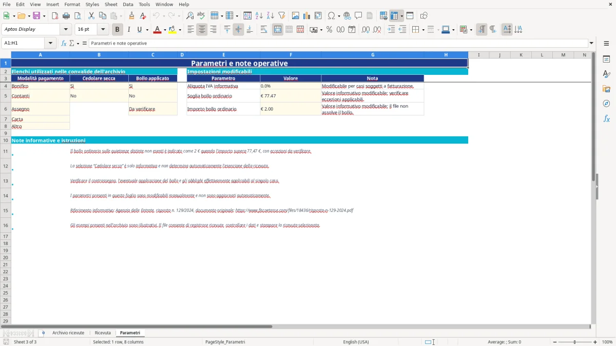 Anteprima del modello Excel ricevuta affitto excel — foglio Parametri (immagine 3)