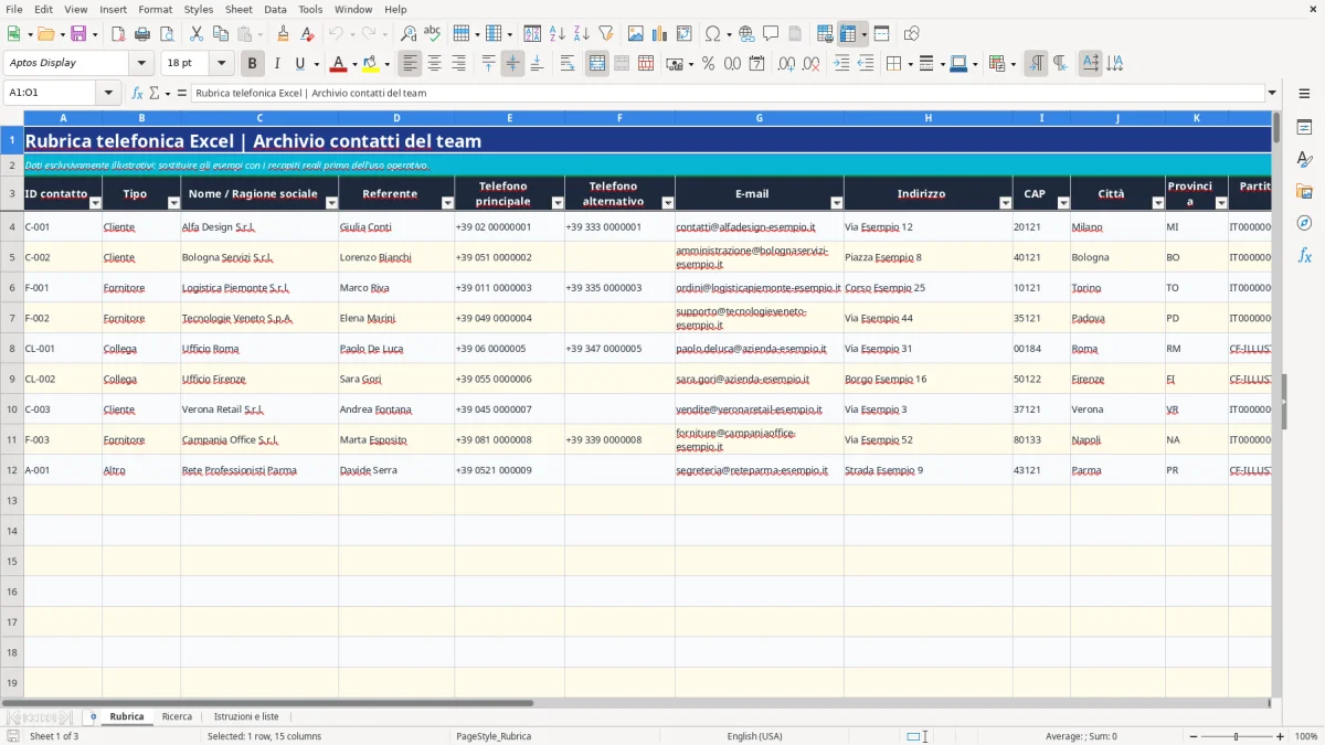 Anteprima del modello Excel rubrica telefonica excel — foglio Rubrica (immagine 1)