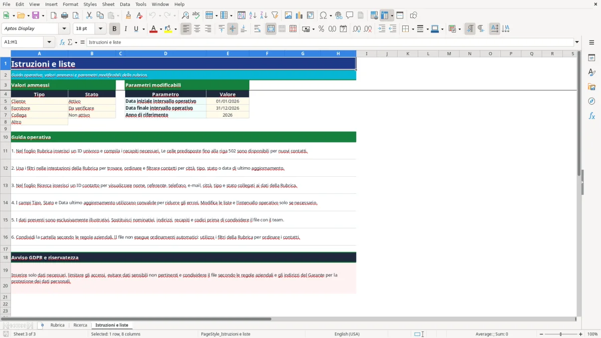 Anteprima del modello Excel rubrica telefonica excel — foglio Istruzioni e liste (immagine 3)