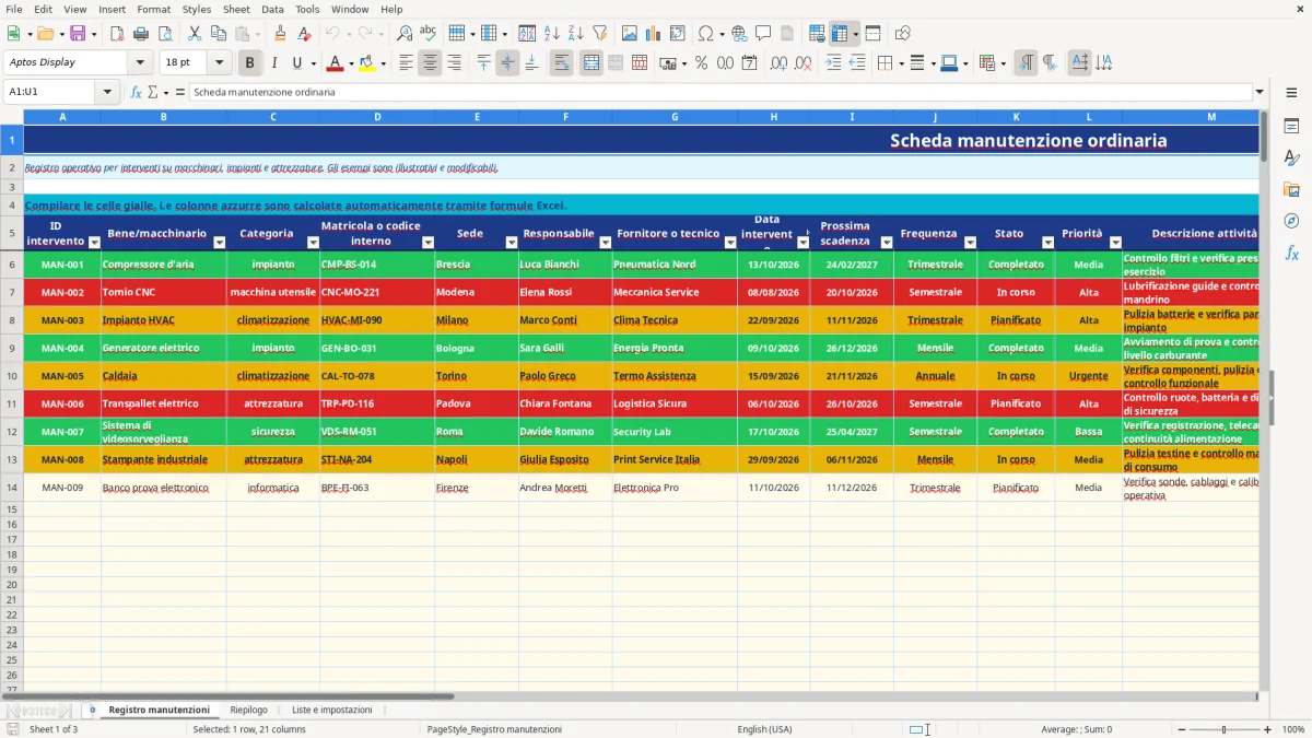 Anteprima del modello Excel scheda manutenzione ordinaria excel — foglio Registro manutenzioni (immagine 1)