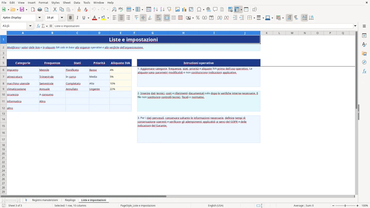 Anteprima del modello Excel scheda manutenzione ordinaria excel — foglio Liste e impostazioni (immagine 3)