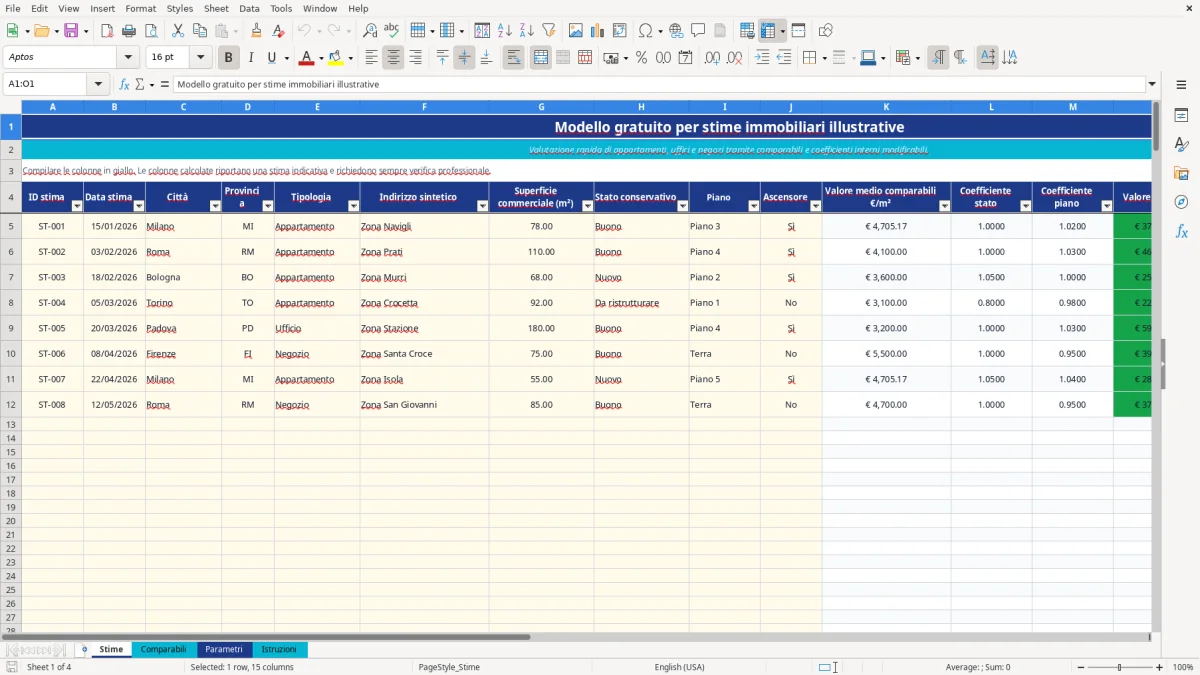 Anteprima del modello Excel stima immobili excel — foglio Stime (immagine 1)