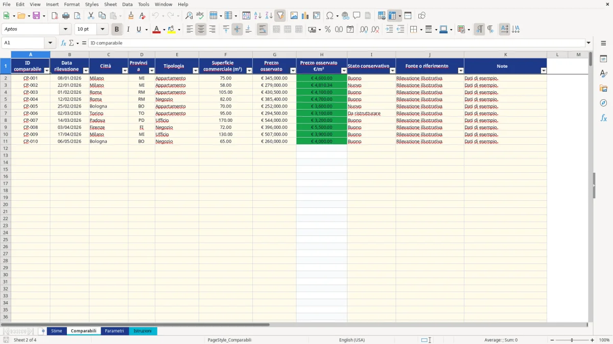 Anteprima del modello Excel stima immobili excel — foglio Comparabili (immagine 2)
