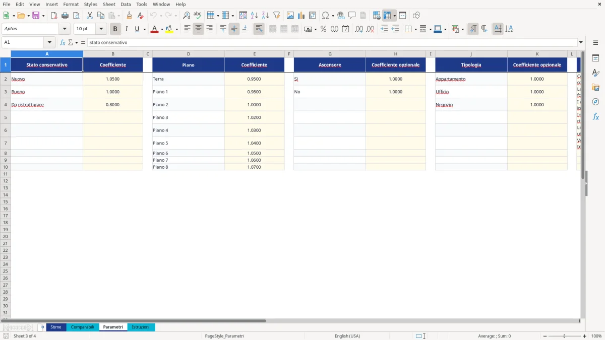 Anteprima del modello Excel stima immobili excel — foglio Parametri (immagine 3)
