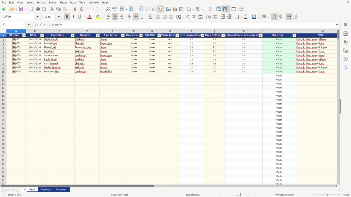Anteprima del modello Excel turni infermieri excel — foglio Turni (immagine 1)