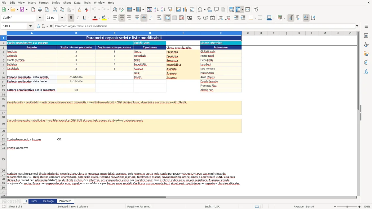 Anteprima del modello Excel turni infermieri excel — foglio Parametri (immagine 3)